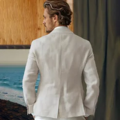 Men's 100% Linen Blazer Suits Outdoor Pocket Spring Blue Linen Jacket & Fall 100% Linen Solid Color Button Pocket Single Breasted Blazer Blue Beige