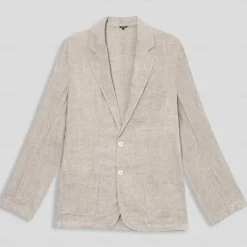 Men's 100% Linen Blazer Suits Outdoor Pocket Spring Blue Linen Jacket & Fall 100% Linen Solid Color Button Pocket Single Breasted Blazer Blue Beige