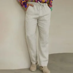 Men's 100% Linen Pants Trousers Drawstring Elastic Waist Straight Leg Plain Comfort Breathable Casual Daily Holiday Fashion Classic Style Beige