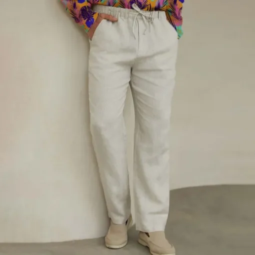 Men's 100% Linen Pants Trousers Drawstring Elastic Waist Straight Leg Plain Comfort Breathable Casual Daily Holiday Fashion Classic Style Beige
