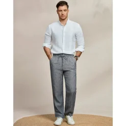 Men's 100% Linen Pants Trousers Casual Pants Drawstring Elastic Waist Straight Leg Plain Comfort Breathable Casual Daily Holiday Fashion Classic Style Dark Gray
