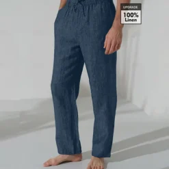 Men's 100% Linen Pants Trousers Casual Pants Drawstring Elastic Waist Straight Leg Plain Comfort Breathable Casual Daily Holiday Fashion Classic Style Navy Blue Blue