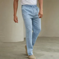 Men's 100% Linen Pants Trousers Casual Pants Drawstring Elastic Waist Straight Leg Plain Comfort Breathable Casual Daily Holiday Fashion Classic Style Navy Blue Blue