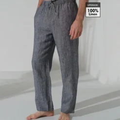 Men's 100% Linen Pants Trousers Casual Pants Drawstring Elastic Waist Straight Leg Plain Comfort Breathable Casual Daily Holiday Fashion Classic Style Navy Blue Blue