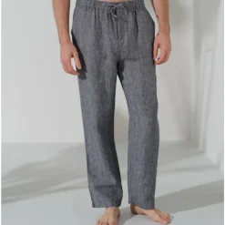 Men's 100% Linen Pants Trousers Casual Pants Drawstring Elastic Waist Straight Leg Plain Comfort Breathable Casual Daily Holiday Fashion Classic Style Navy Blue Blue