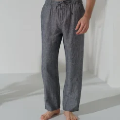 Men's 100% Linen Pants Trousers Casual Pants Drawstring Elastic Waist Straight Leg Plain Comfort Breathable Casual Daily Holiday Fashion Classic Style Navy Blue Blue