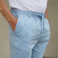 Men's 100% Linen Pants Trousers Casual Pants Drawstring Elastic Waist Straight Leg Plain Comfort Breathable Casual Daily Holiday Fashion Classic Style Navy Blue Blue