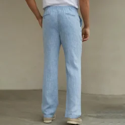 Men's 100% Linen Pants Trousers Casual Pants Drawstring Elastic Waist Straight Leg Plain Comfort Breathable Casual Daily Holiday Fashion Classic Style Navy Blue Blue