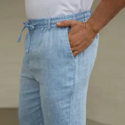 Men's 100% Linen Pants Trousers Casual Pants Drawstring Elastic Waist Straight Leg Plain Comfort Breathable Casual Daily Holiday Fashion Classic Style Navy Blue Blue