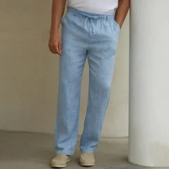 Men's 100% Linen Pants Trousers Casual Pants Drawstring Elastic Waist Straight Leg Plain Comfort Breathable Casual Daily Holiday Fashion Classic Style Navy Blue Blue