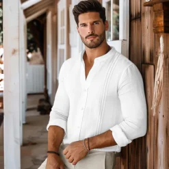 Men's 100% Linen Shirt Button Up Shirt White Pink Long Sleeve Plain Standing Collar Spring & Fall Outdoor Daily Clothing Apparel Ruched