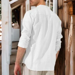 Men's 100% Linen Shirt Button Up Shirt White Pink Long Sleeve Plain Standing Collar Spring & Fall Outdoor Daily Clothing Apparel Ruched