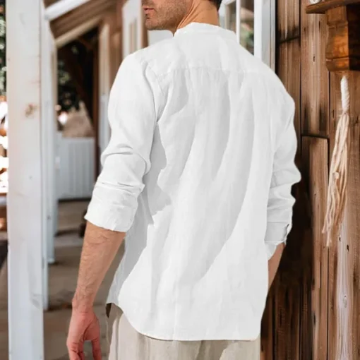 Men's 100% Linen Shirt Button Up Shirt White Pink Long Sleeve Plain Standing Collar Spring & Fall Outdoor Daily Clothing Apparel Ruched