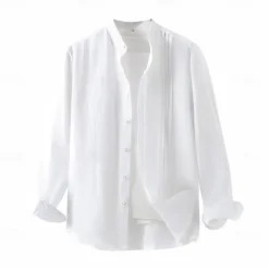 Men's 100% Linen Shirt Button Up Shirt White Pink Long Sleeve Plain Standing Collar Spring & Fall Outdoor Daily Clothing Apparel Ruched