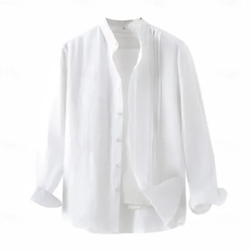 Men's 100% Linen Shirt Button Up Shirt White Pink Long Sleeve Plain Standing Collar Spring & Fall Outdoor Daily Clothing Apparel Ruched