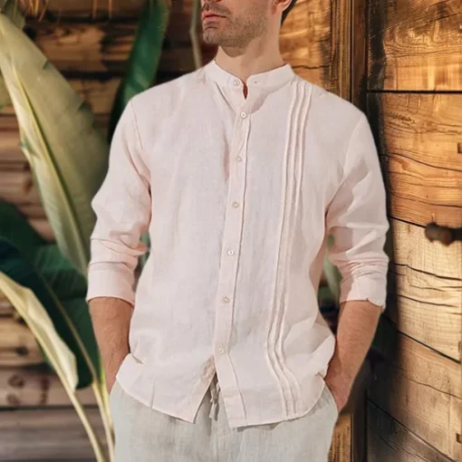 Men's 100% Linen Shirt Button Up Shirt White Pink Long Sleeve Plain Standing Collar Spring & Fall Outdoor Daily Clothing Apparel Ruched