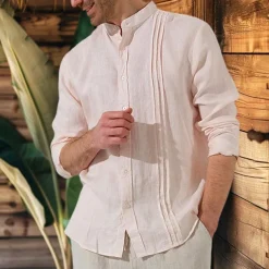 Men's 100% Linen Shirt Button Up Shirt White Pink Long Sleeve Plain Standing Collar Spring & Fall Outdoor Daily Clothing Apparel Ruched