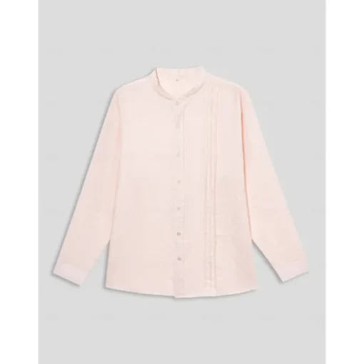 Men's 100% Linen Shirt Button Up Shirt White Pink Long Sleeve Plain Standing Collar Spring & Fall Outdoor Daily Clothing Apparel Ruched