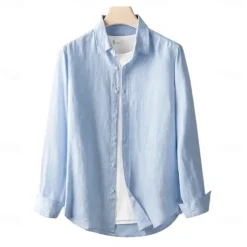 Men's 100% Linen Shirt Button Down Shirt Casual Shirt Solid Color Formal Casual White Light Green Red Dark Navy Long Sleeve Turndown Summer Winter Clothing Apparel Plain