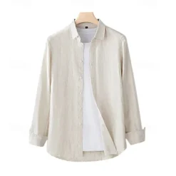 Men's 100% Linen Shirt Button Down Shirt Casual Shirt Solid Color Formal Casual White Light Green Red Dark Navy Long Sleeve Turndown Summer Winter Clothing Apparel Plain