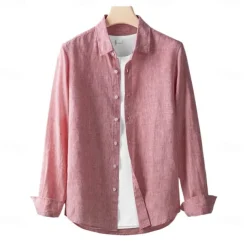 Men's 100% Linen Shirt Button Down Shirt Casual Shirt Solid Color Formal Casual White Light Green Red Dark Navy Long Sleeve Turndown Summer Winter Clothing Apparel Plain