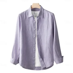 Men's 100% Linen Shirt Button Down Shirt Casual Shirt Solid Color Formal Casual White Light Green Red Dark Navy Long Sleeve Turndown Summer Winter Clothing Apparel Plain