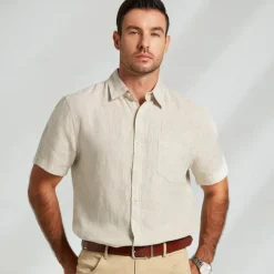 Men's 100% Linen Shirt Casual Shirt khaki Short Sleeve Solid Color Turndown Outdoor Sports & Outdoor Button Clothing Apparel Vacation Neutral Daily Sports & Outdoors