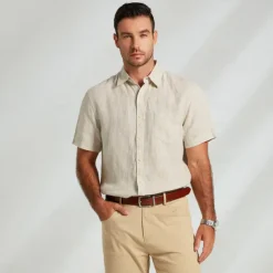Men's 100% Linen Shirt Casual Shirt khaki Short Sleeve Solid Color Turndown Outdoor Sports & Outdoor Button Clothing Apparel Vacation Neutral Daily Sports & Outdoors