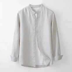 Men's 100% Linen Shirt White Light Grey Light Blue Long Sleeve Solid Color Standing Collar School Formal Buttons Clothing Apparel Elegant Vacation Vintage Neutral