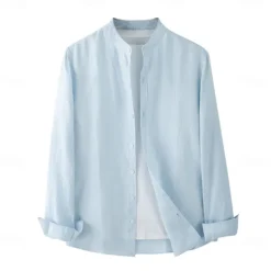 Men's 100% Linen Shirt White Light Grey Light Blue Long Sleeve Solid Color Standing Collar School Formal Buttons Clothing Apparel Elegant Vacation Vintage Neutral
