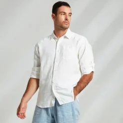 Men's 100% Linen Shirt White Long Sleeve Solid Color Turndown Summer Outdoor Office / Career Clothing Apparel Button