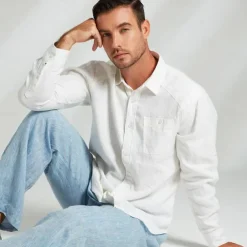Men's 100% Linen Shirt White Long Sleeve Solid Color Turndown Summer Outdoor Office / Career Clothing Apparel Button