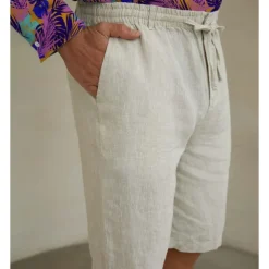 Men's 100% Linen Shorts Linen Shorts Beach Shorts Tie Front Elastic Waist Plain Breathability Comfortable Short Daily Beach Vacation Casual Beige