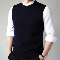 Men's 100% Merino Wool Crewneck Sweater Vest Solid Color Crew Neck Knitwear Elegant School Formal Clothing Apparel Spring Fall Black Navy Blue S M L