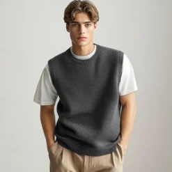 Men's 100% Merino Wool Crewneck Sweater Vest Solid Color Crew Neck Knitwear Elegant School Formal Clothing Apparel Spring Fall Black Navy Blue S M L