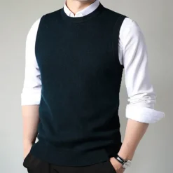 Men's 100% Merino Wool Crewneck Sweater Vest Solid Color Crew Neck Knitwear Elegant School Formal Clothing Apparel Spring Fall Black Navy Blue S M L