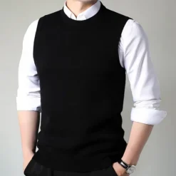 Men's 100% Merino Wool Crewneck Sweater Vest Solid Color Crew Neck Knitwear Elegant School Formal Clothing Apparel Spring Fall Black Navy Blue S M L