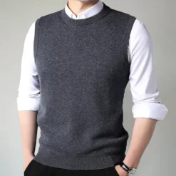 Men's 100% Merino Wool Crewneck Sweater Vest Solid Color Crew Neck Knitwear Elegant School Formal Clothing Apparel Spring Fall Black Navy Blue S M L
