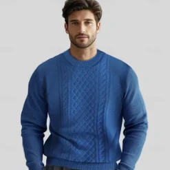 Men's 100% Merino Wool Jacquard Sweater Knit Jacquard Solid Color Crew Neck Knitwear Elegant Christmas Christmas Gifts Clothing Apparel Fall Winter Navy Blue Royal Blue S M L