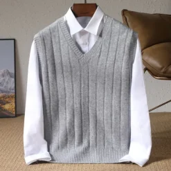 Men's 100% Merino Wool Pullover Sweater Vest Knit Vertical Stripes V Neck Knitwear Elegant Outdoor Home Clothing Apparel Fall Winter Black Orange S M L