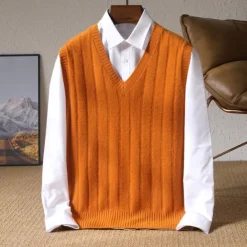 Men's 100% Merino Wool Pullover Sweater Vest Knit Vertical Stripes V Neck Knitwear Elegant Outdoor Home Clothing Apparel Fall Winter Black Orange S M L