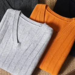 Men's 100% Merino Wool Pullover Sweater Vest Knit Vertical Stripes V Neck Knitwear Elegant Outdoor Home Clothing Apparel Fall Winter Black Orange S M L