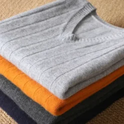 Men's 100% Merino Wool Pullover Sweater Vest Knit Vertical Stripes V Neck Knitwear Elegant Outdoor Home Clothing Apparel Fall Winter Black Orange S M L