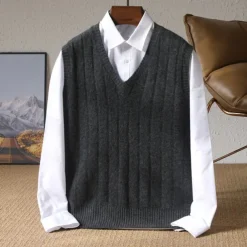 Men's 100% Merino Wool Pullover Sweater Vest Knit Vertical Stripes V Neck Knitwear Elegant Outdoor Home Clothing Apparel Fall Winter Black Orange S M L