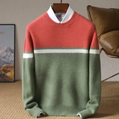 Men's 100% Merino Wool Pullover Sweater Jumper Knit Color Block Crew Neck Knitwear Elegant Christmas Outdoor Clothing Apparel Fall Winter Black Red S M L