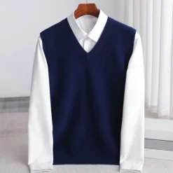 Men's 100% Merino Wool Sweater Vest Knit Solid Color V Neck Knitwear Elegant Outdoor Home Clothing Apparel Spring Fall Wine Red Black S M L