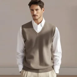Men's 100% Merino Wool Sweater Vest Knit Solid Color V Neck Knitwear Elegant Outdoor Home Clothing Apparel Spring Fall Wine Red Black S M L
