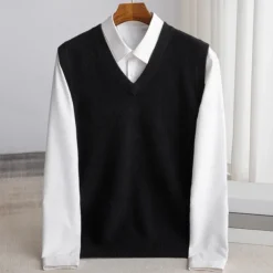 Men's 100% Merino Wool Sweater Vest Knit Solid Color V Neck Knitwear Elegant Outdoor Home Clothing Apparel Spring Fall Wine Red Black S M L