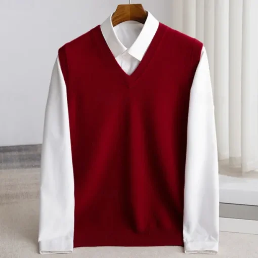 Men's 100% Merino Wool Sweater Vest Knit Solid Color V Neck Knitwear Elegant Outdoor Home Clothing Apparel Spring Fall Wine Red Black S M L