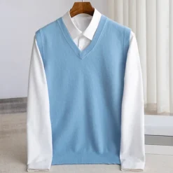Men's 100% Merino Wool Sweater Vest Knit Solid Color V Neck Knitwear Elegant Outdoor Home Clothing Apparel Spring Fall Wine Red Black S M L
